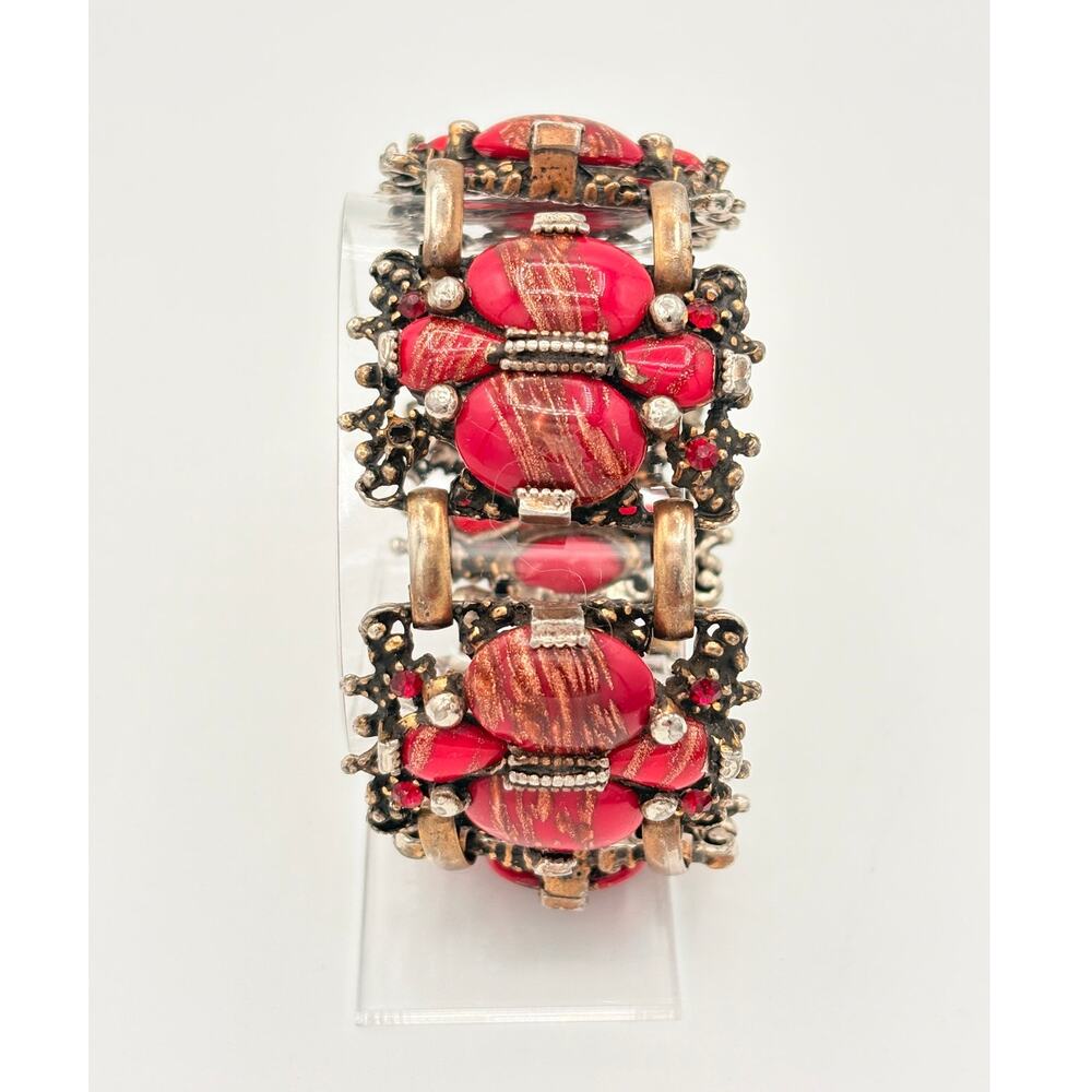 Artisan Brass Bracelet w/ Red Copper‑Fluss Glass Cabochons, Boho Baroque